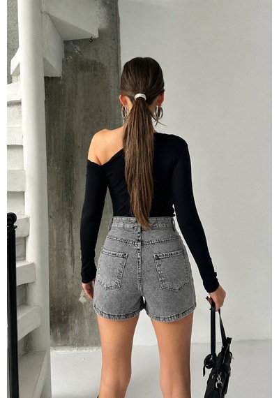 Bluemarlin Gri Kar Yan Kılçık İşlemli Kısa/mini Denim/kot Şort Gri Kar