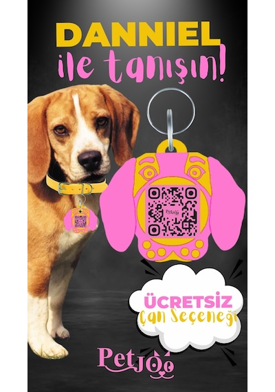 Petjoo 21.Danniel Pembe-Sarı Qr'lı Köpek Künyesi