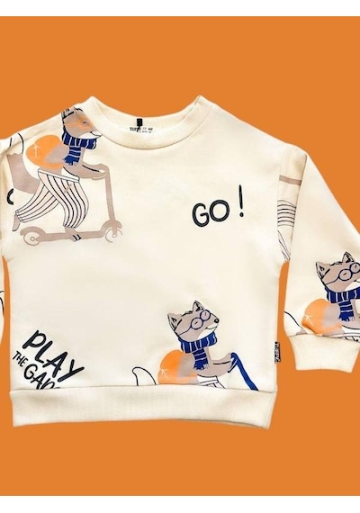 Zekids Erkek Çocuk Go Yazılı Sweatshirt-14665 Krem