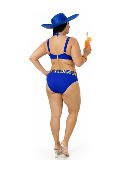 Büyük Beden Sabit Kaplı Telli Desenli Üst Bağcık Detaylı Yüksek Bel Kadın Bikini Takımı