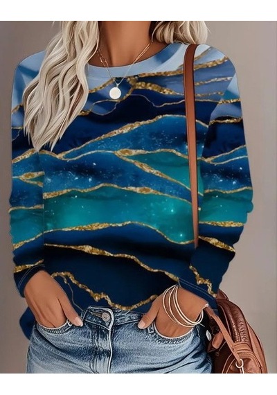 Moderie Butik Kadın Uzun Kollu Bisiklet Yaka Desenli Modal Bluz Mavi