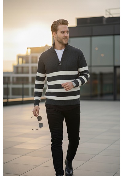 Rizzup Erkek Füme Yarım Fermuarlı Oversize Kesim Triko Kazak Pamuklu Yumuşak Örgü Çizgili Kazak 2608513 Rizzup Erkek Füme Yarım Fermuarlı Oversize Kesim Triko Kazak Pamuklu Yumuşak Örgü Çizgili Kazak 2608513