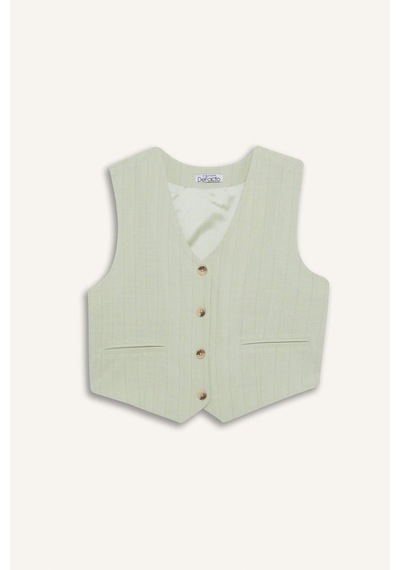 DeFacto Regular Fit V Yaka Keten Karışımlı Blazer Yelek D3474AX25SPGN1181 Yeşil
