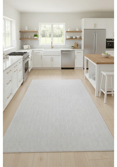 Raschel Carpet Premium Yıkanabilir Leke Tutmaz Yaprak Emboss Açık Gri Mutfak Halısı Özel Seri Kaymaz Taban Halı Açık Gri