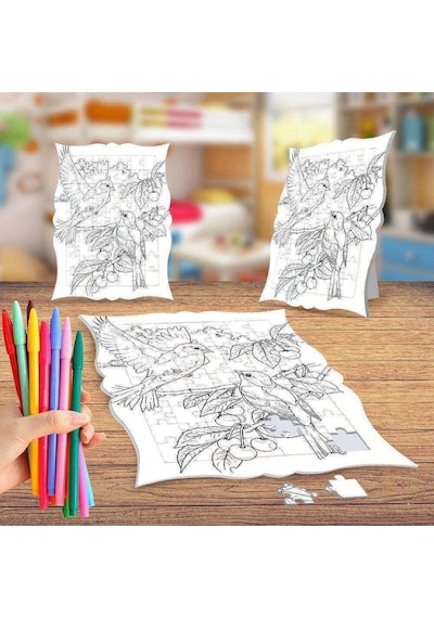 Kuş Çifti Boyama Puzzle Tablo Çocuk Eğitici Yapboz