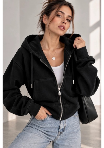 Bb Butik Basic Selanik Dokulu Fermuarlı Kapüşonlu Kadın Sweatshirt My3535 siyah