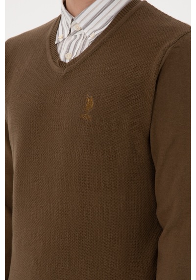 U.S. Polo Assn. Erkek Slim Fit V Yaka Haki Basic Kazak 50288886-VR027