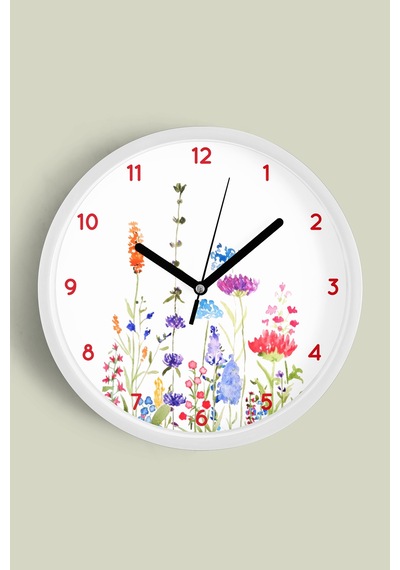Soyut Renkli Çiçek Temalı Modern Duvar Saati - 30cm - Önü Camlı Beyaz Kasa - Sessiz Mekanizma-jh0148 Beyaz