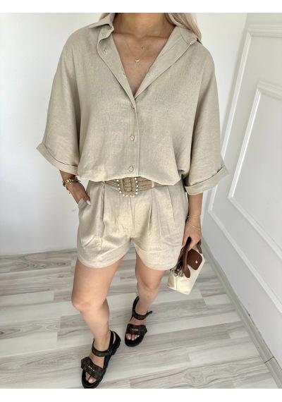 Keymoda Kadın Gömlek Şort Keten Takım Taş Rengi Taş Rengi