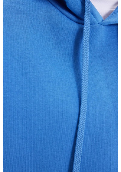 Tudors Kadın Oversize Geniş Kesim Pamuklu Yumuşak Dokulu İçi Polarlı Basic Mavi Kapüşonlu Sweatshirt-37901 Mavi