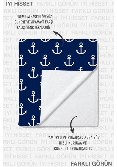 Çapa Marine Lacivert Plaj Havlusu - Nautical Beyaz Lacivert Hızlı Kuruyan Mikrofiber Havlu Kuru Kıyısı