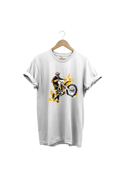Motorcu Cross Motosiklet Baskılı Ön Kaldıran Motorcu %100 Pamuk Regular Fit Bisiklet Yaka T-shirt Beyaz