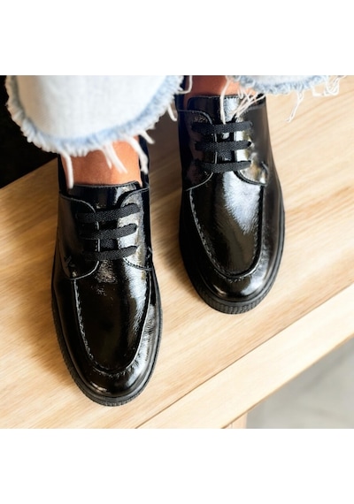 Ne&ve Shoes Siyah Kırışık Rugan Hakiki Deri Kadın Günlük Rahat Bağcıklı Ayakkabı