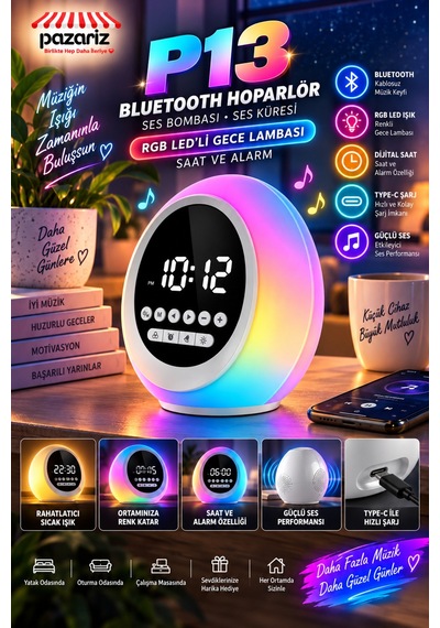 Çalar Saatli Bluetooth Hoparlör, Rgb Led Gece Lambası, Fm Radyo, Zamanlayıcı, Dokunmatik Ve Ayarlanabilir Işık, Usb Şarjlı Dijital Alarm Saati P13 Çalar Saatli Bluetooth Hoparlör, Rgb Led Gece Lambası, Fm Radyo, Zamanlayıcı, Dokunmatik Ve Ayarlanabilir Işık, Usb Şarjlı Dijital Alarm Saati P13