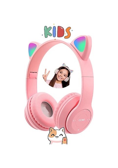 Kedi Kulağı Bluetooth Kablosuz Kulaklık Işıklı Rgb Çocuk Oyun Kulaklığı Radyolu Cocuk Kulaklık Pembe - 582811406
