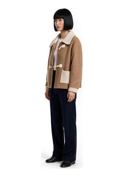 Marsel&leon Marsel Leon Kadın Örme Yaka Düğme Detaylı Kısa Duffle Ceket Camel