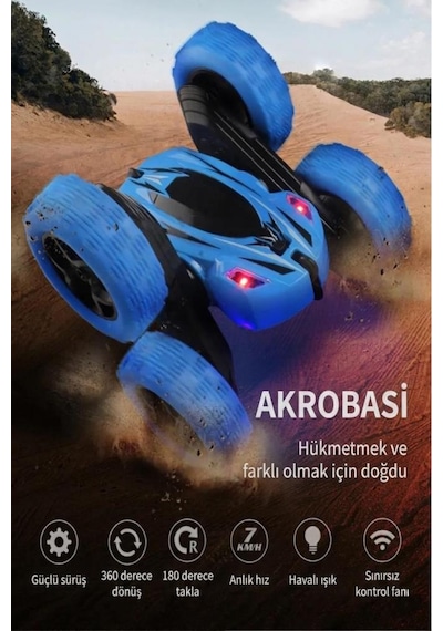 Uzaktan Kumandalı 5 Fonksiyonlu Işıklı Şarjlı 360 Derece Dönebilen Oyuncak Akrobat Araba Mavi