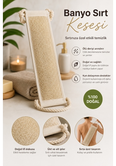 Naturel Kabak Uzun Sırt Tipi İpli Banyo Kesesi Bej