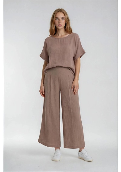 Vitrin Beli Lastikli Geniş Paça Keten Pantolon Camel
