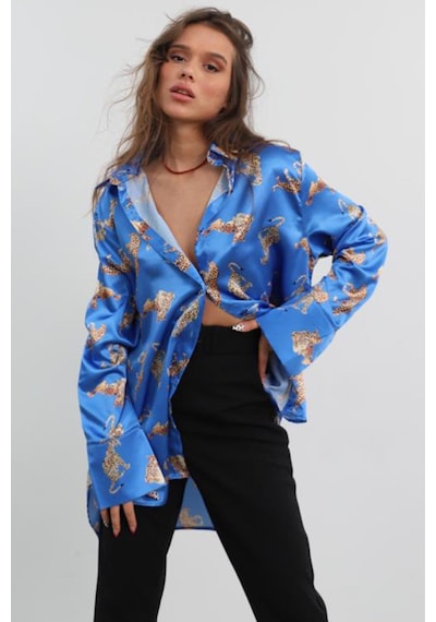Madmext Mad Girls Leoparlı Mavi Saten Gömlek Mg187-mavi Mavi