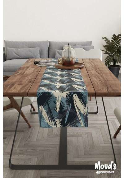 Blue Brush Desenli Baskılı Süet Runner Masa Örtüsü