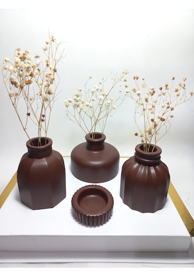 Modern Minimal Vazo Set 3'lü, Ev & Ofis Hediyelik, Dekoratif Obje, Kahverengi