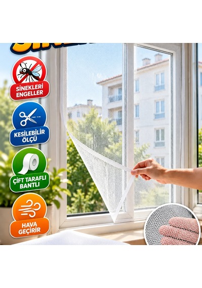 100x150 Cm Kesilebilir Pencere Sineklik Filesi Çift Taraflı Bantlı Tül Seti