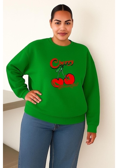 Benroma 3 İplik Penye Cherry Kiraz Baskılı Büyük Beden Unisex Sweatshırt Yeşil