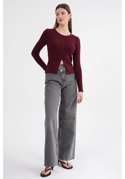 Hiccup Mixray Düğmeli Slim Fit Yivli Örgü Hırka Bordo Kırmızı 03