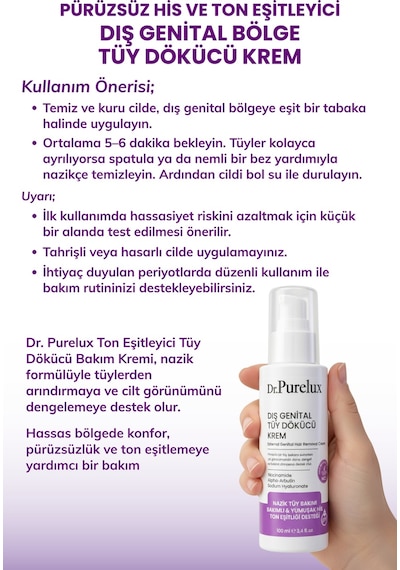 Dış Genital Bölge İçin Hassas Tüy Dökücü Krem Pürüzsüz His Ve Ton Eşitleyici 100 Ml