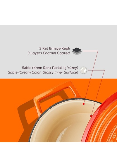 Lava Döküm Oval Tencere. Edition Serisi Ölçü 25x31cm. Turuncu Kırmızı