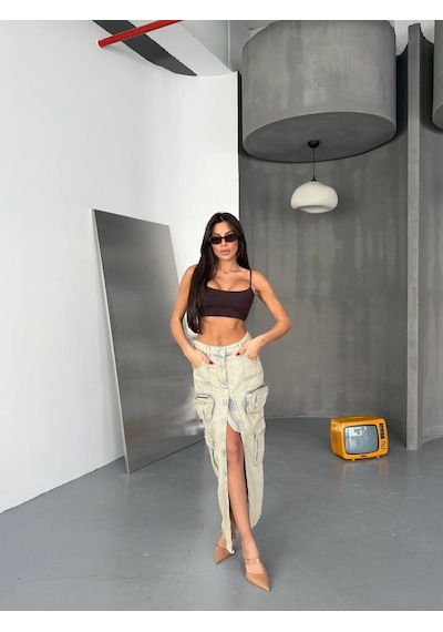 Bej Denim Kargo Cepli Yüksek Bel Yırtmaçlı Maxi Etek ÇoK Renkli