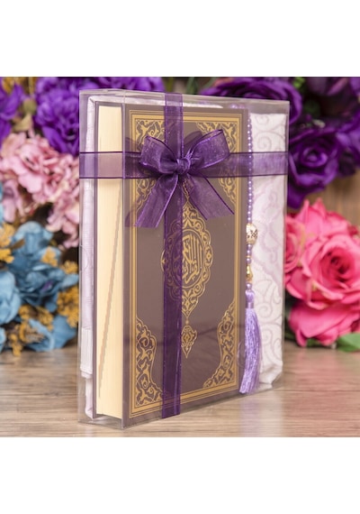 Hediyelik Kuran-ı Kerim, İnci Tesbih, Seccade, Asetat Kutulu 25x18 Cm Mevlid Paketi- Mor