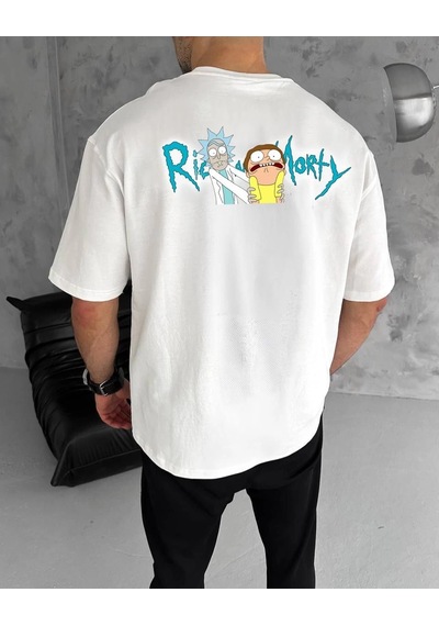 Barlashive Erkek Kısa Kol Tişört Bisiklet Yaka Rick And Morty Baskılı T-shirt - Beyaz Çok Renkli
