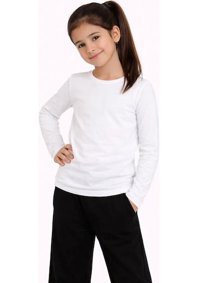 Kız Çocuk Basic Uzun Kollu Tişört Okul Günlük Rahat T-shirt - Beyaz