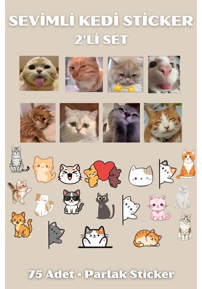 Sevimli Kedi Sticker Seti 2 Li Paket Kedi Çıkartmaları Ajanda, Defter, Laptop Çok Renkli