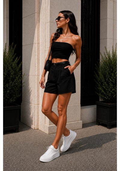 Winmoda34 Kadın Şehir Boyu Casual Şort 43 Cm Tam Boy Kemer Hediyeli Trend Model Siyah