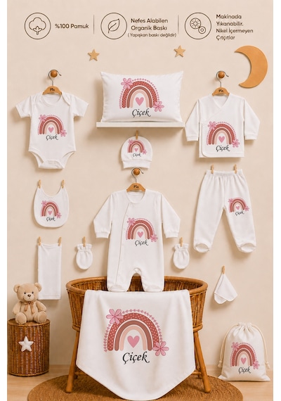 Pia Baby Kız Bebek Hastane Çıkışı 12 Parça %100 Pamuk İsme Özel Organik Baskılı Kese Hediyeli 100311k3x Ekru