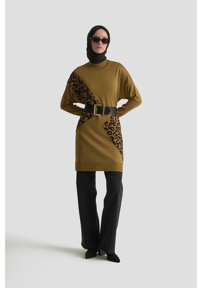Armine Trend Leopar Desenli Triko Tunik Yağ Yeşili 25ytd4109 Yağ Yeşili