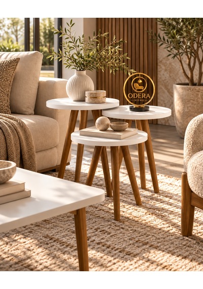 Odera Torna Beyaz Orta Sehpa Ve Yuvarlak Zigon Sehpa 4'lü Set Ahşap Ayaklı İskandinav Salon Sehpası Diğer