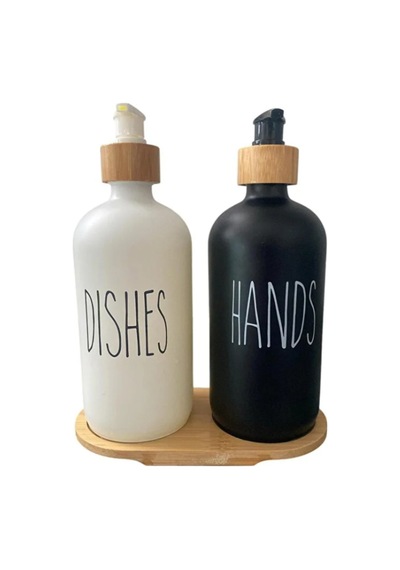 Buççin Online Mağaza 2'li Mutfak Banyo Sıvı Sabunluk Seti 500 Ml + 500 Ml Bambu Tepsili Black White Cam Çok Renkli