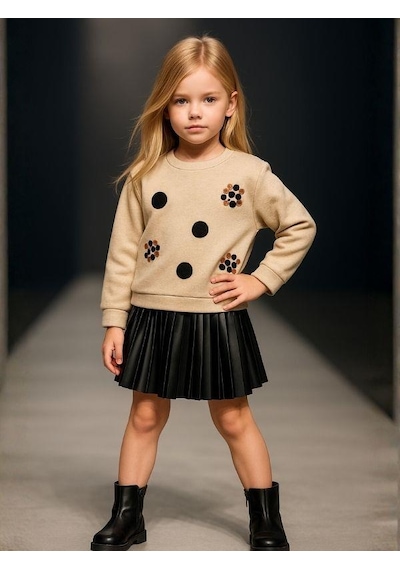 Kız Çocuk Sweatshirt Ve Pilise Detaylı İç Elbise 2'li Takım-16221 Bej