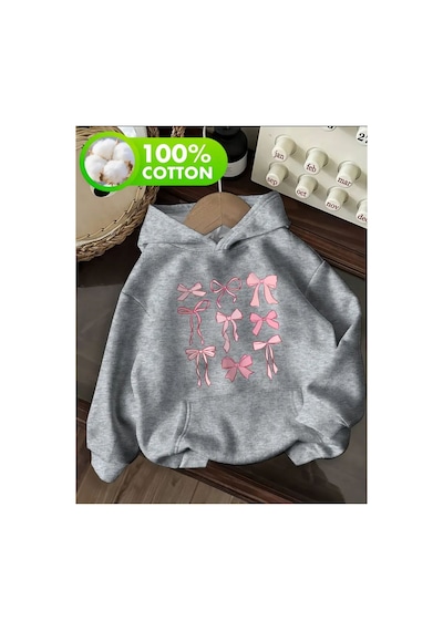 Herkesemoda Kurdeleler Baskı Detaylı İçi Polarlı Kapüşonlu Sweatshirt Gri
