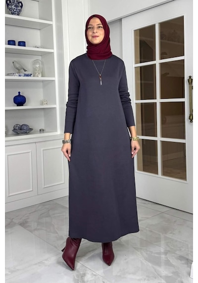 Rabia Şamlı Öykü Çelik Örme Triko Elbise Antrasit Normal