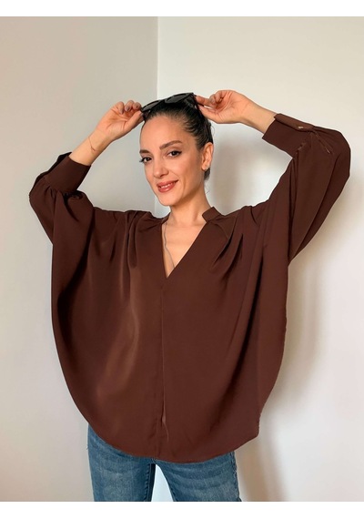 Ali Butik Kahve Yarasa Kol V Yaka Tasarım Gömlek Kahve