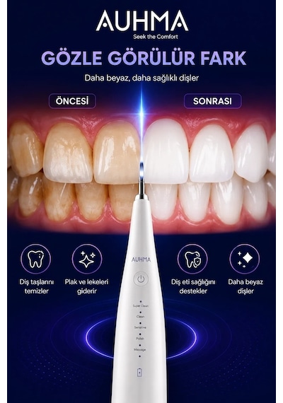 Ultrasonic Şarjlı Elektrikli Akıllı Diş Temizleme Cihazı Beyazlatıcı 5 Mod 3+1 Başlık Siyah