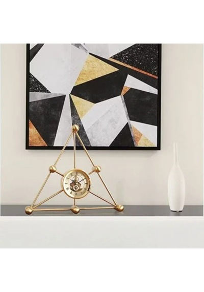 Üçgen Moleküler Tasarım Iskelet Mekanizmalı Gold Metal Masa Saati 35x30 Cm - Çarklı Lüks Ofis Çalışma Masası Aksesuarı