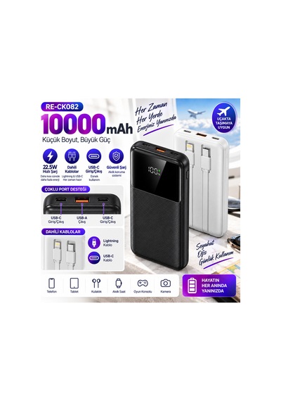 10000 Mah 22.5w Hızlı Şarj Powerbank Dahili Type-c Ve Lightning Kablolu Dijital Göstergeli- Re-ck082 Diğer
