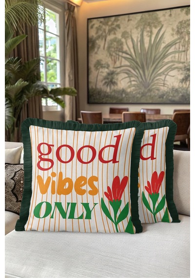 Good Vibes Only Çiçekli Saçaklı Yastık Kılıfı - Retro Botanik Yeşil Siyah Püsküllü Kırlent Kılıfı Yeşil