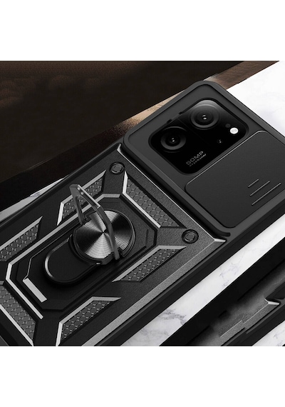Mi 13t Kılıf Magnetik Standlı Kamera Korumalı Hptk Sürgülü Vega Kapak - Siyah Siyah